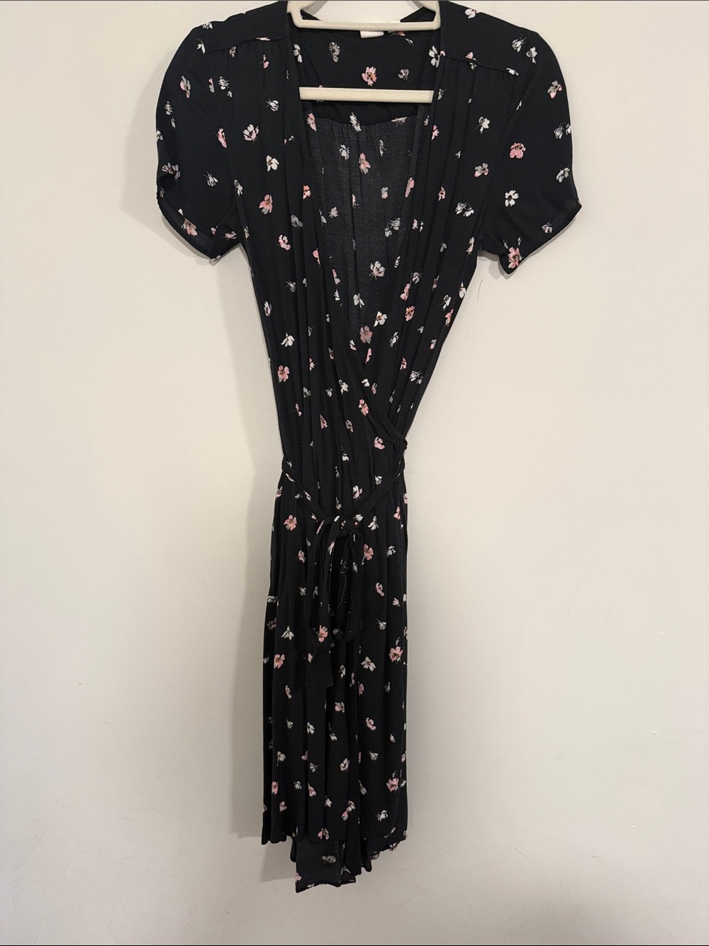 GAP Black Midi Wrap Dress with Pink and White Floral Print
